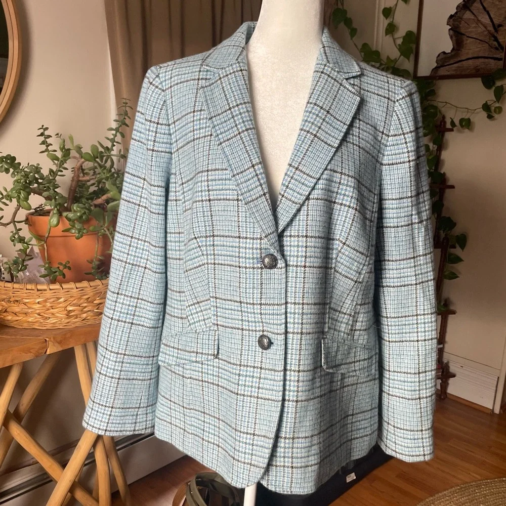 Talbots Wool Blend Shetland Classic Timeless Blue Plaid Pattern Blazer Size 16 - Picture 3 of 11